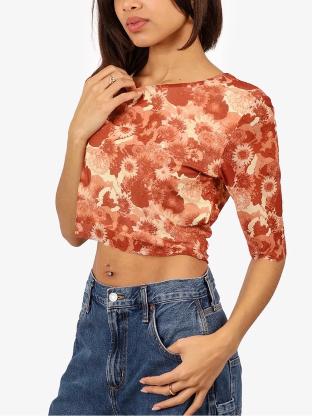 GANNI Rust Floral Mesh Crop Top Semi Sheer Stretch 3/4 Sleeve Y2K XS EU 34